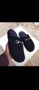 Black Suede Cover Leather Slippers.