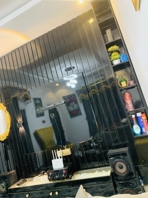 High gloss HDF Tv console with, lights and stone for sale 3