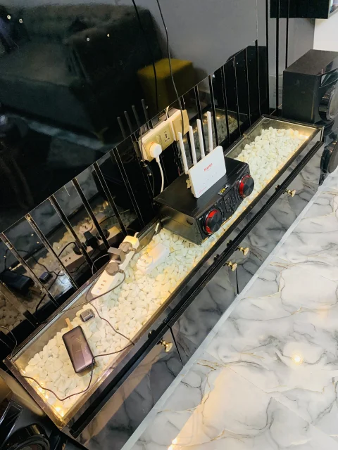 High gloss HDF Tv console with, lights and stone for sale