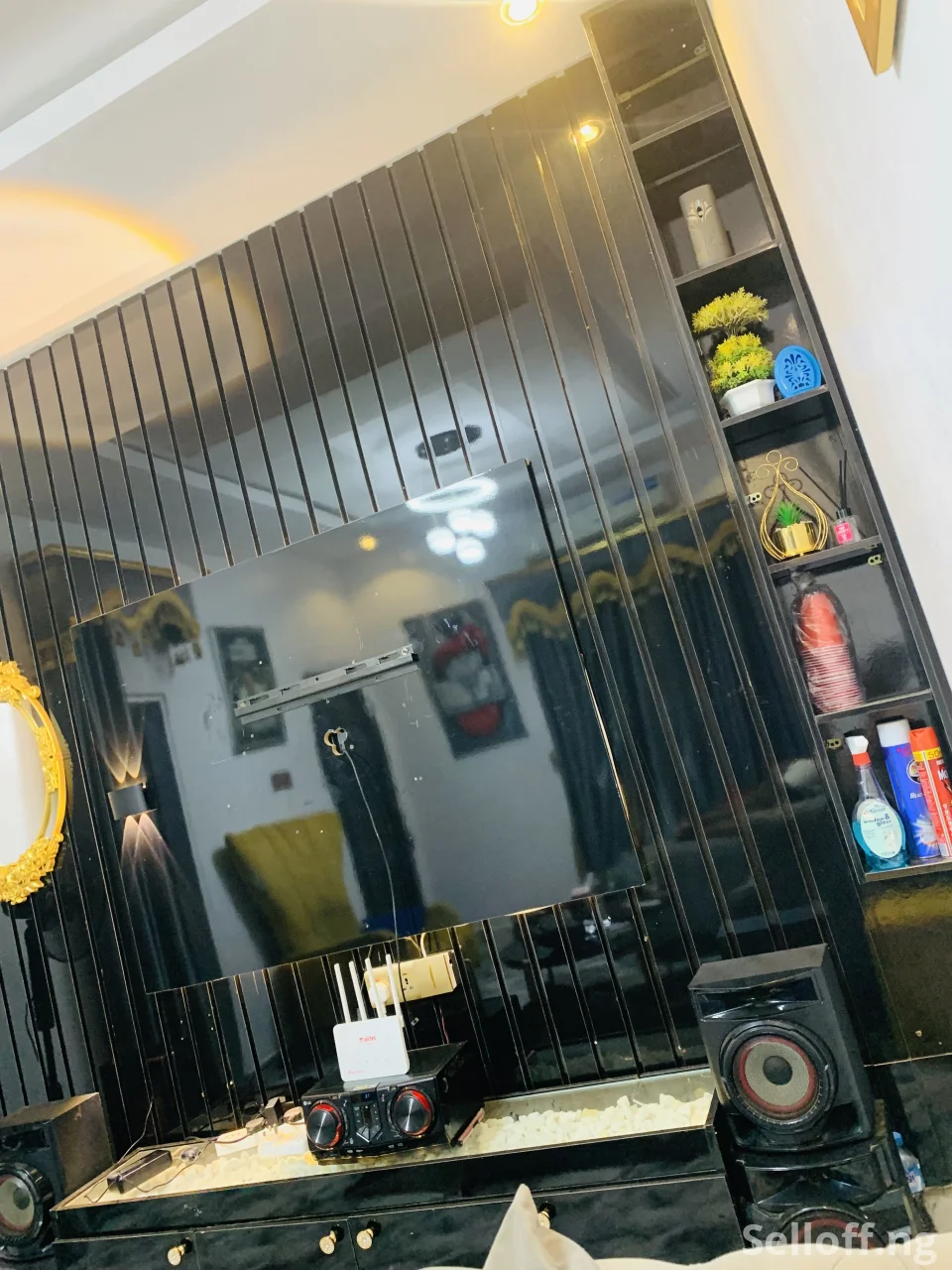 High gloss HDF Tv console with, lights and stone for sale