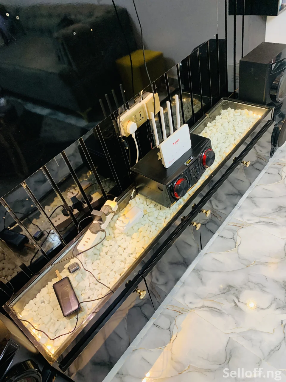 High gloss HDF Tv console with, lights and stone for sale