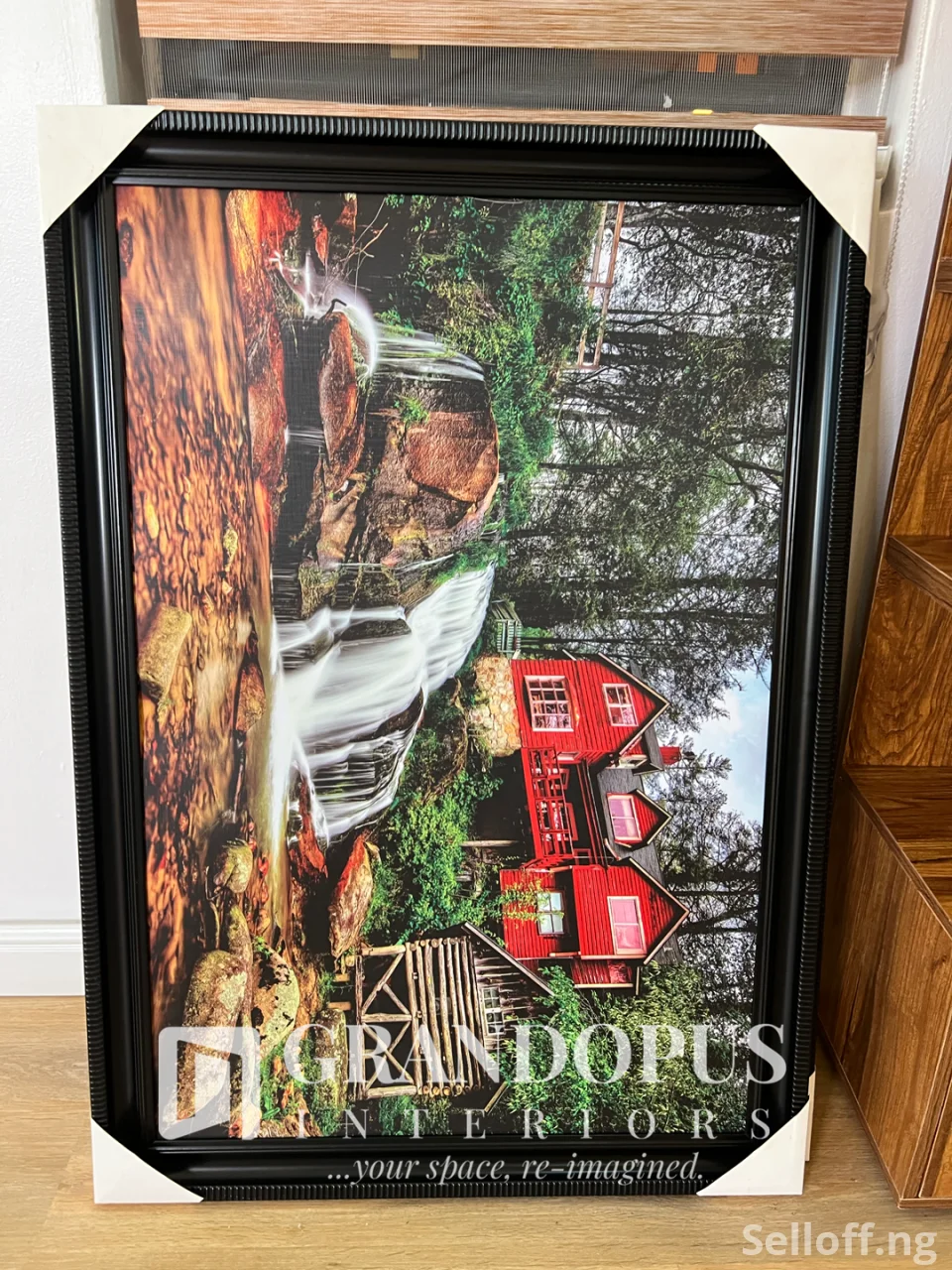 Waterfall with Red Cabin Frame (2ft x 3ft)
