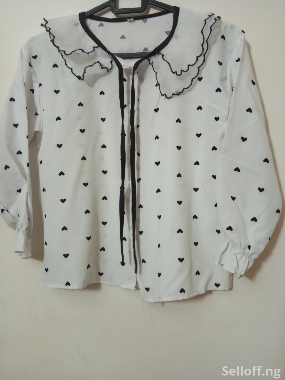 White Hearts Ruffled Collar Blouse | Girls Ages 6-10yrs | China Thrift | Tie Front
