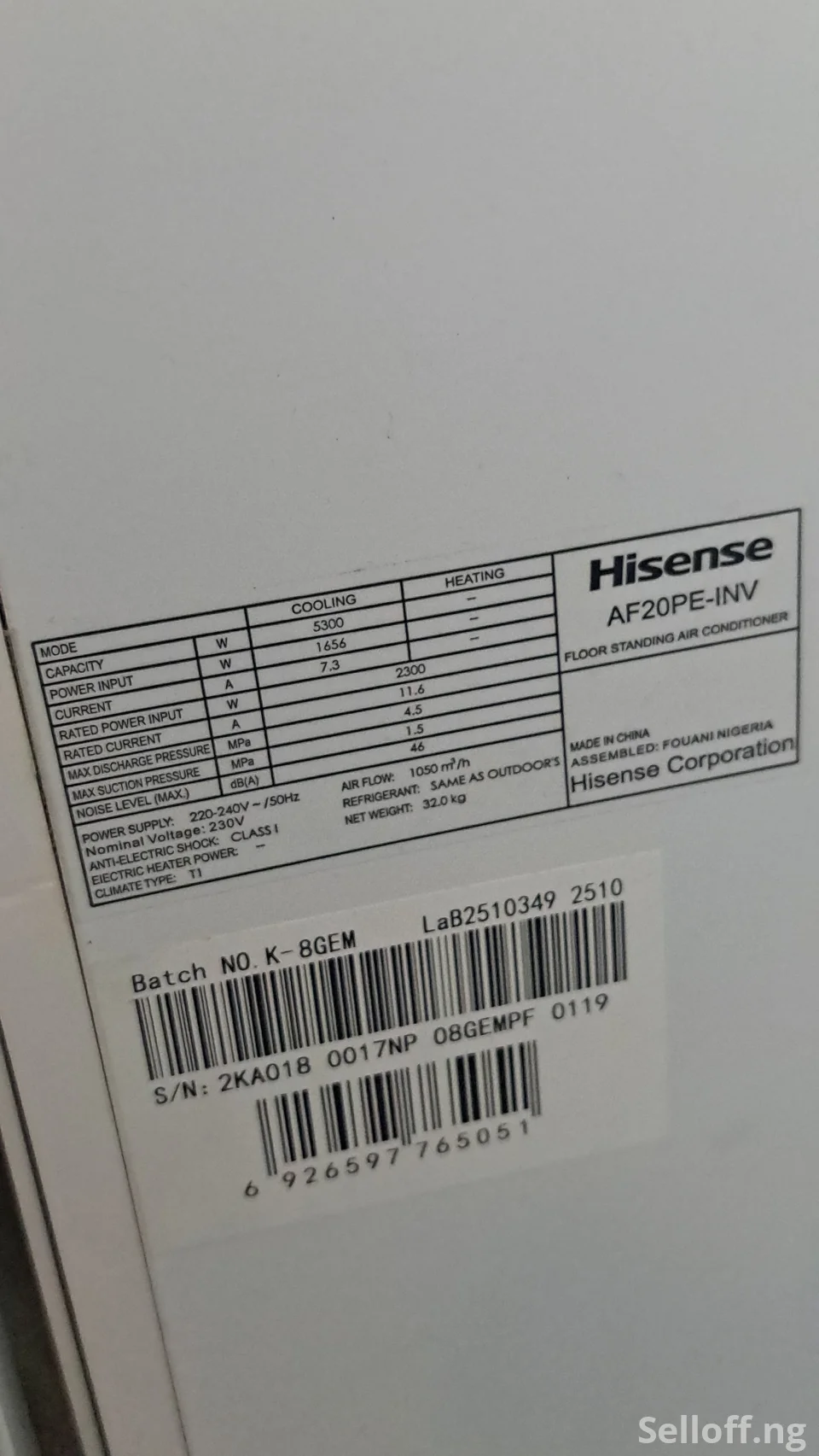 Hisense 2.0 HP (2 Ton) Floor Standing Inverter Air Conditioner.